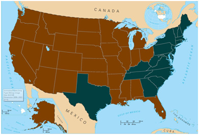 A map of the U.S. with the 13 colonies plus Kentucky, Tennessee, Maine, Texas and West Virginia shaded blue and the rest shaded brown.