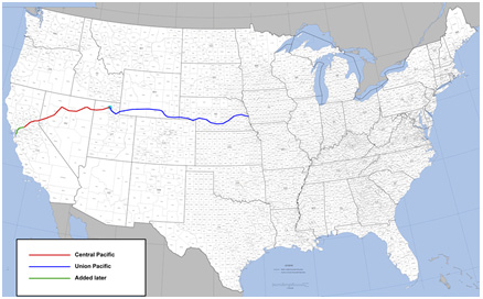 A map showing the Central and Union Pacific railway lines through the western U.S.