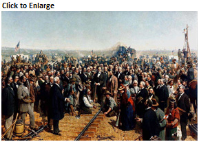 A painting of a crowd of men along a rail track centered around a man in a suit about to drive the final spike into the Transcontinental Railroad.
