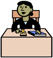 A graphic of a female judge sitting at a desk with a gavel in her right hand.
