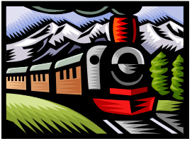 A graphic of a railroad speeding on a track coming out of a mountain
