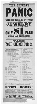 An advertisement from a newspaper in 1873 that says, “The effects of the panic. New good just received, now selling without regard to cost!”