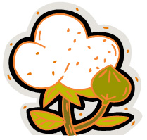 A graphic of a cotton plant with a large white ball and brown seeds and a green stem.