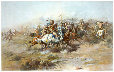A painting of a group of men on horseback charging at each other. Some of the men are bareback in American Indian dress and the others are in blue military uniforms.