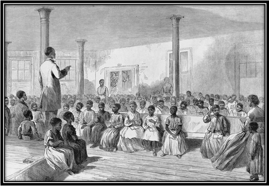 A black and white sketch of an African American classroom. A man in a long waistcoat is standing on a raised platform addressing numerous children seated on church-style pews. 