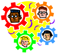 A graphic of four faces, two of women and two of men of different ethnicities set on gears with arrows indicating they are moving together