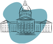 A black and white graphic of the U.S. Capitol Building set atop a blue background