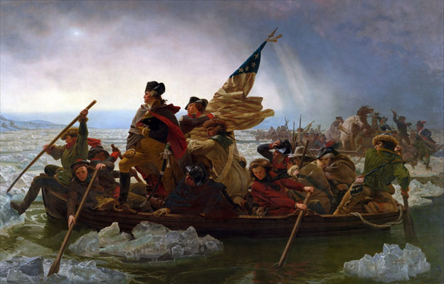 A picture of the painting Washington Crossing the Delaware. It contains a man standing on a rowboat in a colonial uniform looking West with other men rowing in icy water.