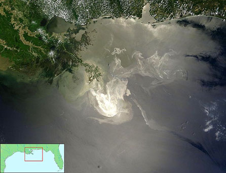 Image of an aerial view of the Gulf Coast and the oil spill on the water