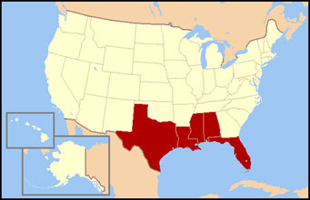 Image of a U.S. map with the states of Texas, Louisiana, Mississippi, Alabama, and Florida highlighted.