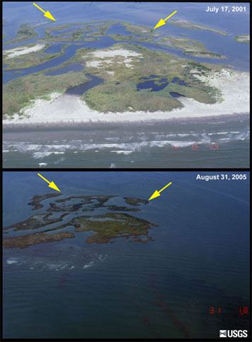 Image of two photos of the same area. The top image was taken July 17, 2001; there is an island with a sandy shore. Arrows are pointing to two outlying areas of land. The bottom image was taken August 31, 2005 and the arrows are pointing to the outlying areas of land that are now totally surrounded by water. The sandy shore is now covered with water.