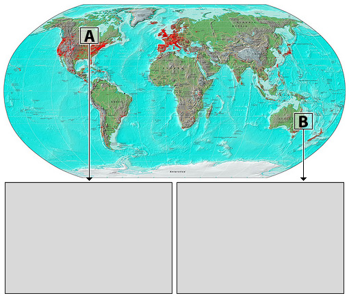 This is an image of a world map that displays all seven continents; the letter 'a' is positioned over Minneapolis, Minnesota and the letter 'b' is located over Australia.