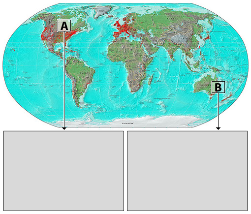 This is an image of a world map that displays all seven continents; the letter 'a' is positioned over Minneapolis, Minnesota and the letter 'b' is located over Australia.