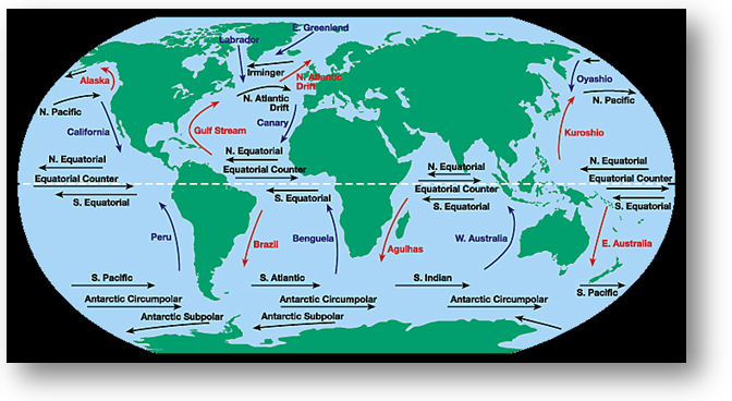 a world map that illustrates various ocean currents around the world