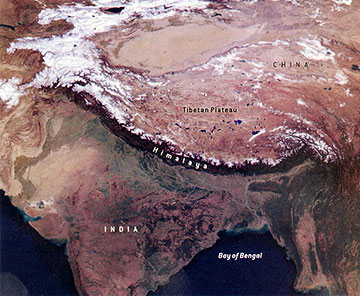 Image of a map of The Himalaya Mountains, making up the Tibetan Plateau to the north. India is located South of the range.