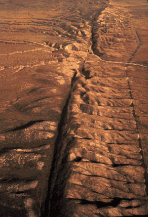 This image is an aerial view of the San Andreas Fault. This part of the fault slices through the city of San Luis Obispo in California.