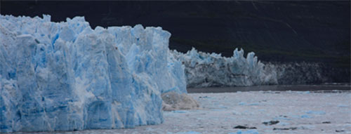 This is an image of several miles of glaciers that have surfaced from the water; some parts appear to be on land/ice and other are submerged in water.