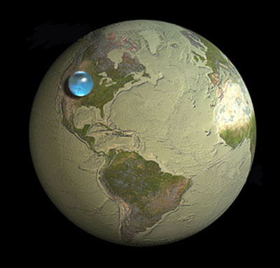 Image of a large planet earth with the North America and South America prominently shown. There is a small, blue sphere that sits on top of the United States; it covers only a small portion of southwestern United States