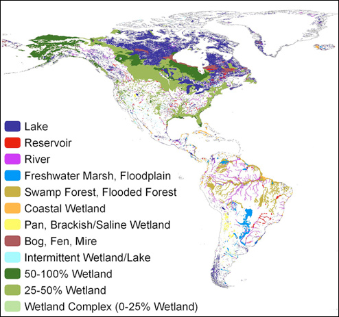 Image of a world map that is coded according to the location of lakes and wetlands 