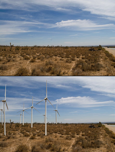Two images of the same location: the top image is of a desert area that is covered in brush, cacti, and small shrubs; the bottom image has several wind turbines on the same location