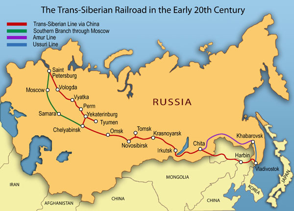 Map of The Trans-Siberian Railroad detailing the various lines connected from St. Petersburg to Vladivostok.