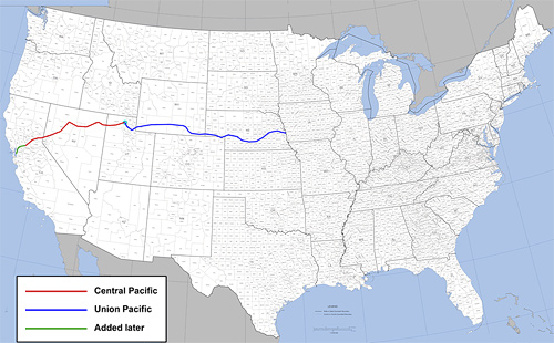 Image of a map of the United States that displays the route of the Transcontinental Railroad.
