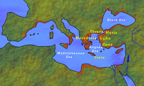 Image of a map of Ancient Greece circa 550 B.C. The map illustrates shaded areas around the coasts of the Black Sea, Aegean Sea, and the Mediterranean Sea.