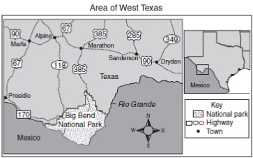 Image of a section of west Texas that displays the cities of Presidio, Marfa, Alpine, Marathon, Sanderson, Dryden, and Big Bend National Park. The state highways in the area are also displayed.
