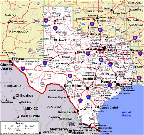 Image of a map of Texas that is labeled by the Texas Highways and major cities.