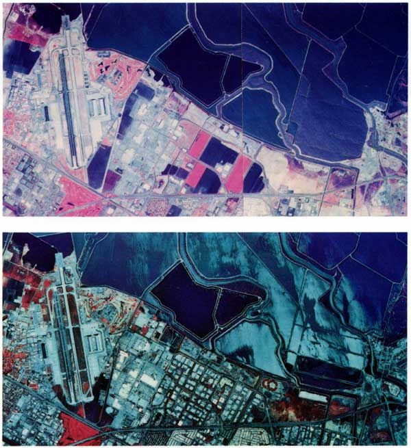 Images of an aerial infrared photo of South San Francisco Bay taken ten years apart.
