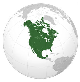 Image of orthographic map where Canada, United States, and Mexico are shaded.