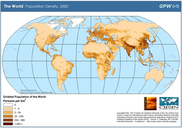 Image of World Distribution map of 1998. Each dot represents 100,000 people.