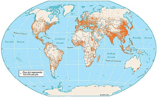 Image of World Distribution map of 1998. Each dot represents 100,000 people.