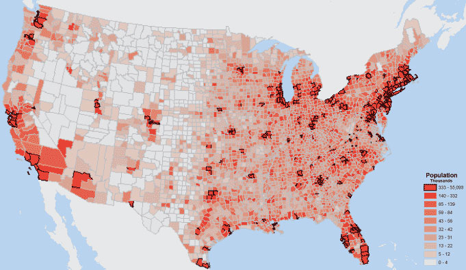 This is a U.S. Population distribution map that is divided by counties.
