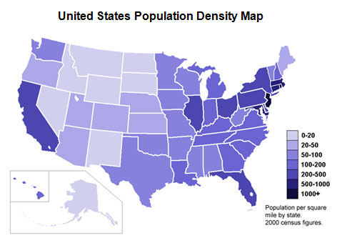 This is a map of the Population Density, by state, of the United States. Arrows are pointing to Nevada (lightest-blue), California (dark blue), Arizona (medium blue), Texas (medium blue), Alaska (lightest blue), and Florida (dark blue).