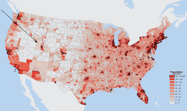 This is a U.S. Population distribution map that is divided by counties. There is an arrow pointing at medium shaded county in western United States. This shade represents 13-22 thousand people.