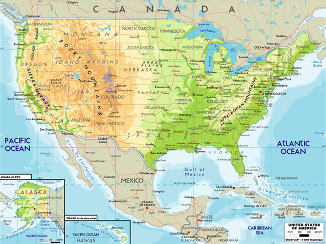 This is a physical map of the United States with insets of Hawaii and Alaska. It represents the physical aspects of the United States, such as mountains, deserts, and rivers.