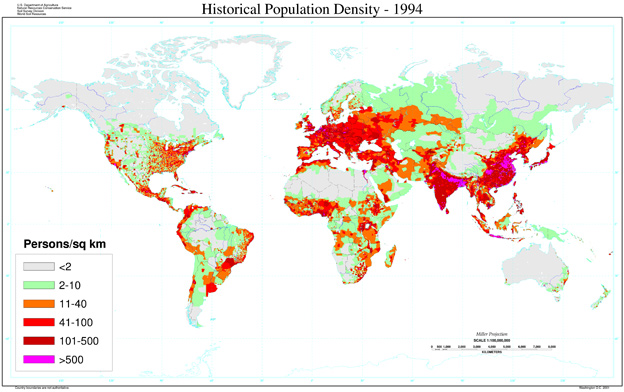 Image of a world political map which is coded by shades according to population. It is labeled as Historical Population Density-1994