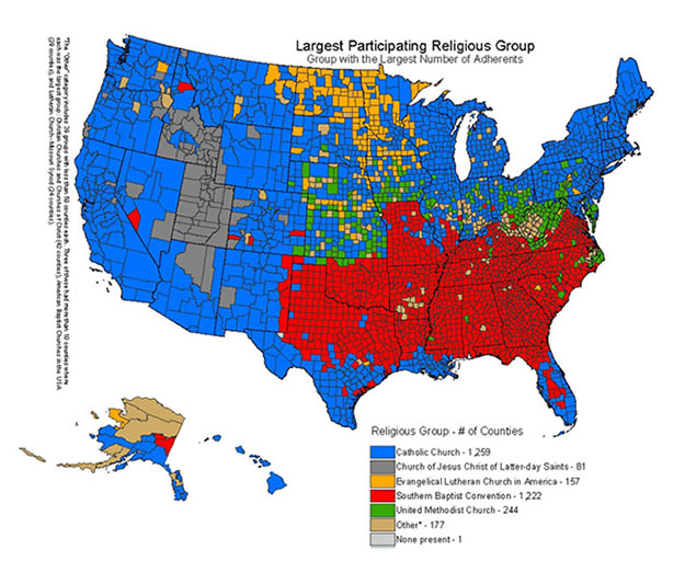 Image of a map of the United States depicting selected religious groups by county.