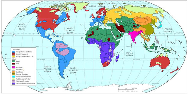 Image of a world map that illustrates the geographical distribution of major world religions.