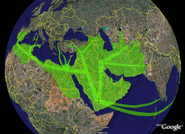 Image of a Google map of the Middle East illustrated with arose showing the spread of Islam