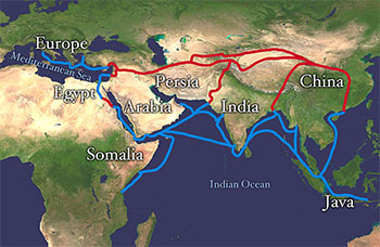 Image of a map of Africa and Asia with the Silk Road outlined