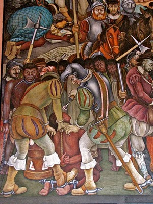 Mural of Spanish arrival in Mexico.
