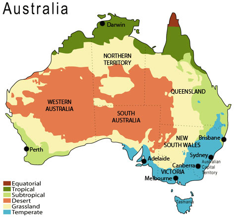 Image of a map of the climate zones of Australia.