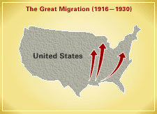 Image of a US Map that has three arrows pointing from the South to areas near Chicago, Detroit, and New York. The map of The Great Migration (1916-1930).