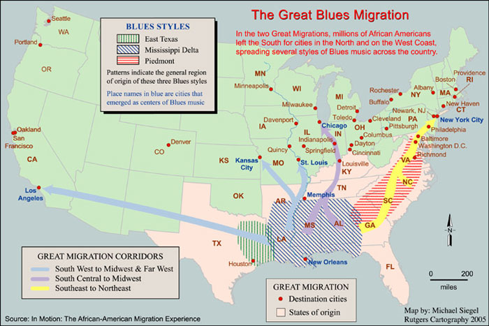 Image of a US map that indicates the various blues styles, destination cities, states of origin, and the various corridors of migration.