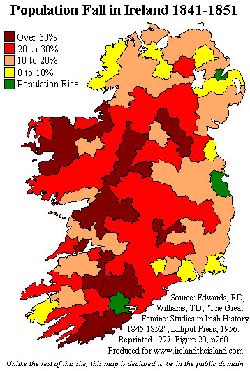 Image of a map of Ireland, which is titled 'Population Fall in Ireland 1841-1851'