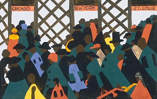 Painting of three gates labeled: St. Louis, New York, and Chicago. The painting depicts a crowd of African-Americans filing through either of the gates. 