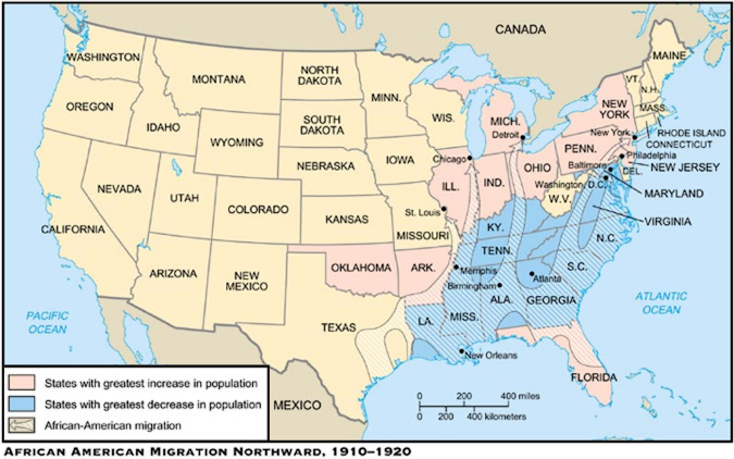 image of a US map that illustrates states with the greatest increase in population; states with the greatest decrease in population; African-American Migration.
