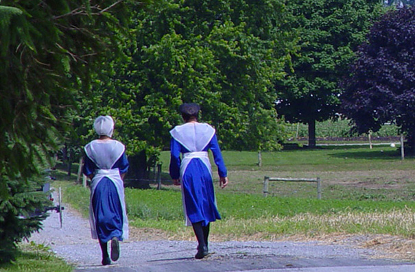 Image of two women, dressed in traditional Amish dresses, who are walking down a road. Women are walking away from the camera.